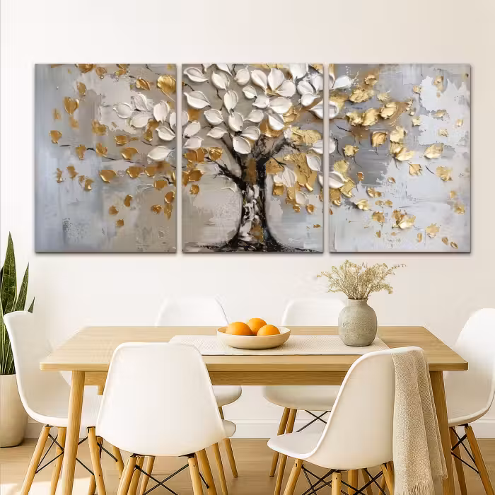 Meerluik schilderij -  3 luiken - Boom - Wit - Goud - Verflook