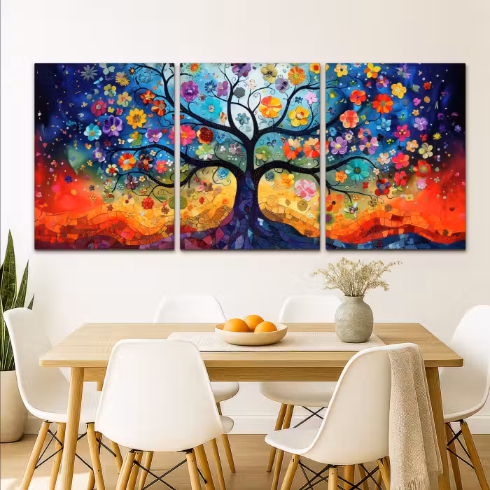Meerluik schilderij -  3 luiken - Kleurrijk - Levensboom - Bloemen - Abstract
