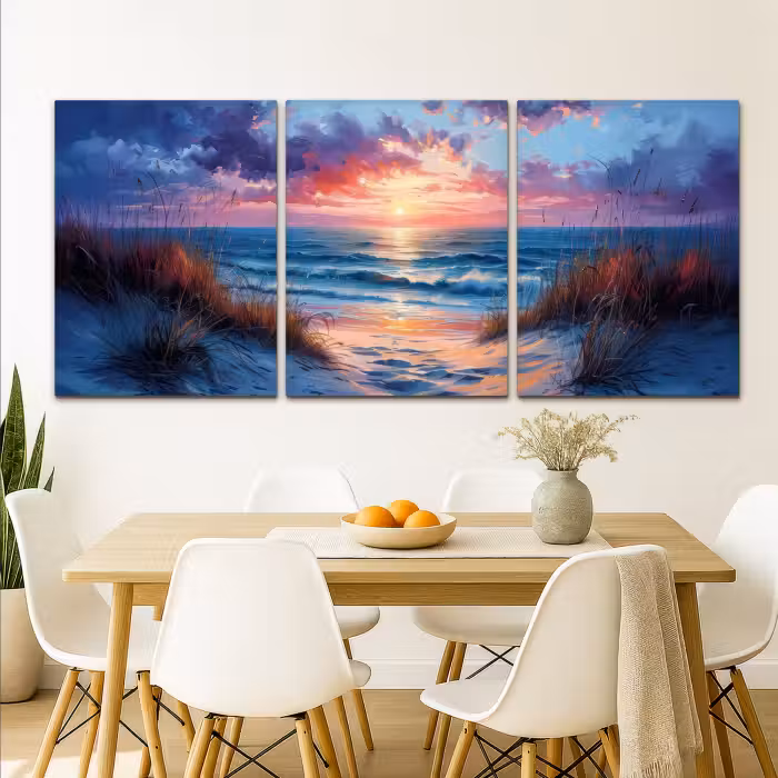 Meerluik schilderij -  3 luiken - Strand - Blauw - Verf - Paars