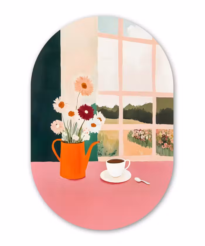 Muurovaal - Glas - Bloemen - Koffie - Raam