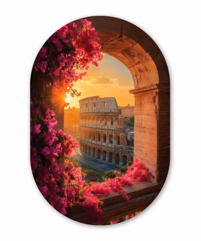 Muurovaal - Glas - Colosseum - Rome - Roze Bloemen