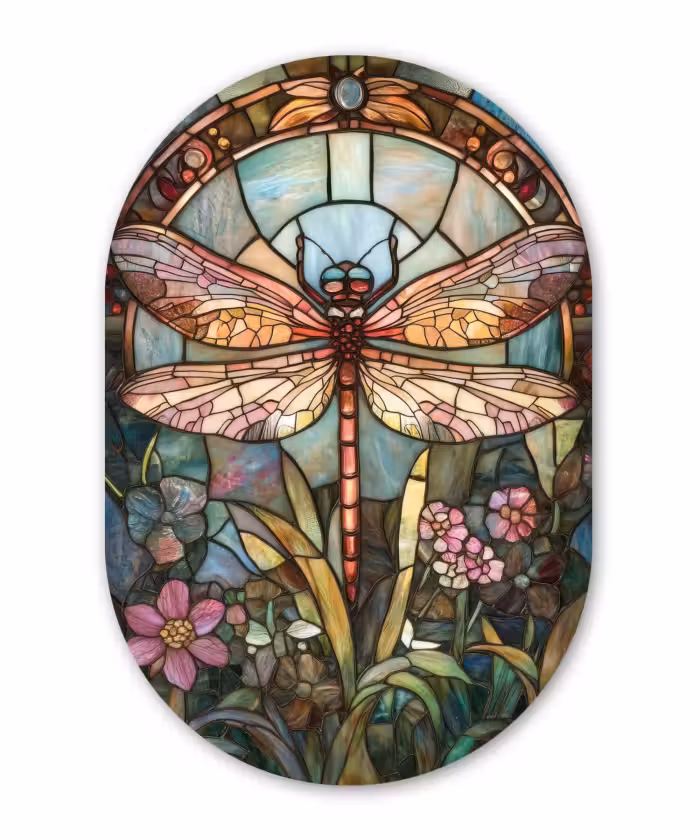 Muurovaal - Glas - Libelle - Mozaïek - Bloemen - Kleurrijk