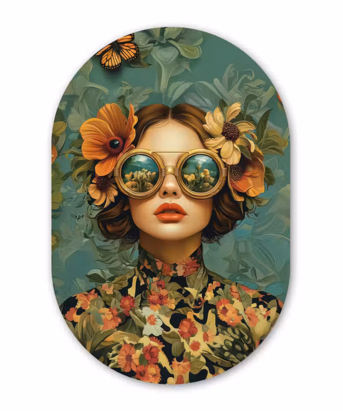 Muurovaal - Glas - Vrouw - Bloemen - Vlinders - Natuur - Vintage