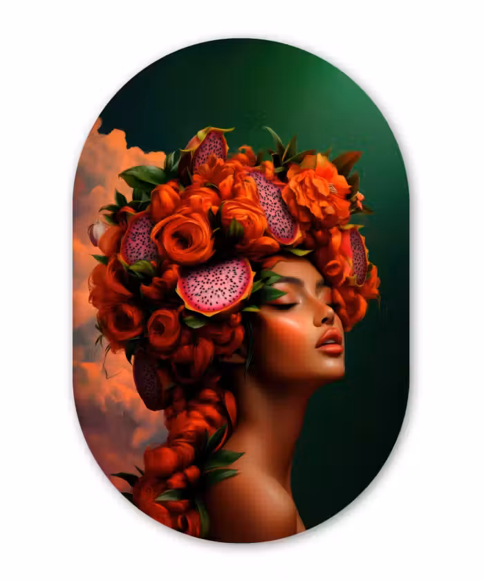 Muurovaal - Glas - Vrouw - Drankenfruit - Rozen