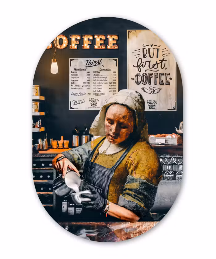 Muurovaal - Kunststof - Melkmeisje - Barista - Koffie - Vintage - Kunst - Abstract - Schilderij - Oude meesters