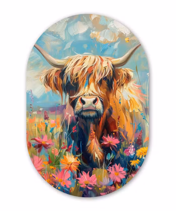 Muurovaal - Kunststof - Schotse hooglander - Natuur - Kleurrijk - Bloemen