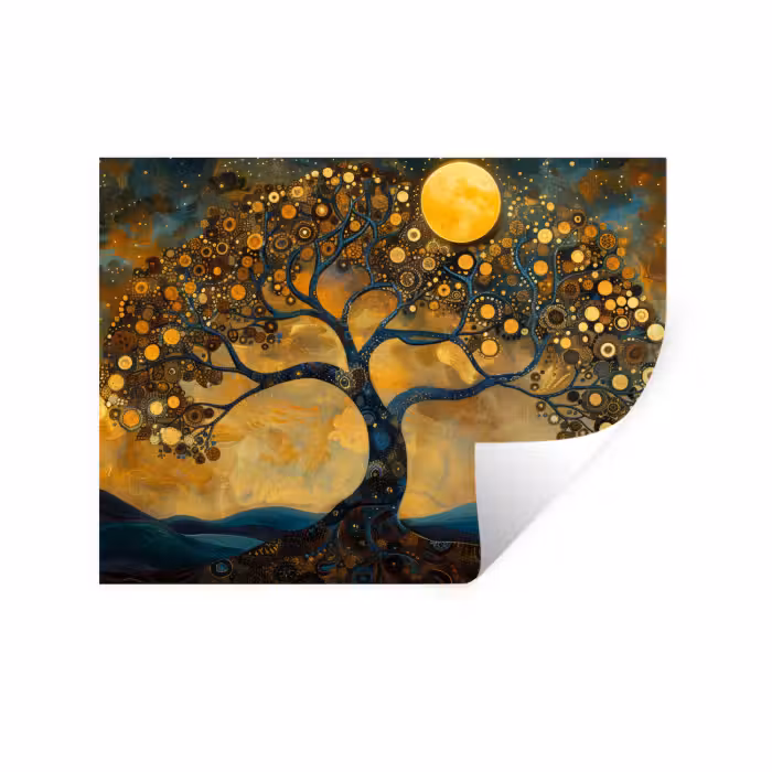 Muursticker - Boom - Maan - Bloemen - Goud - Kunst