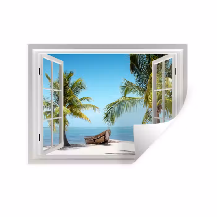 Muursticker - Doorkijk - Strand - Palmboom - Boot - Tropisch - Zee - Blauw