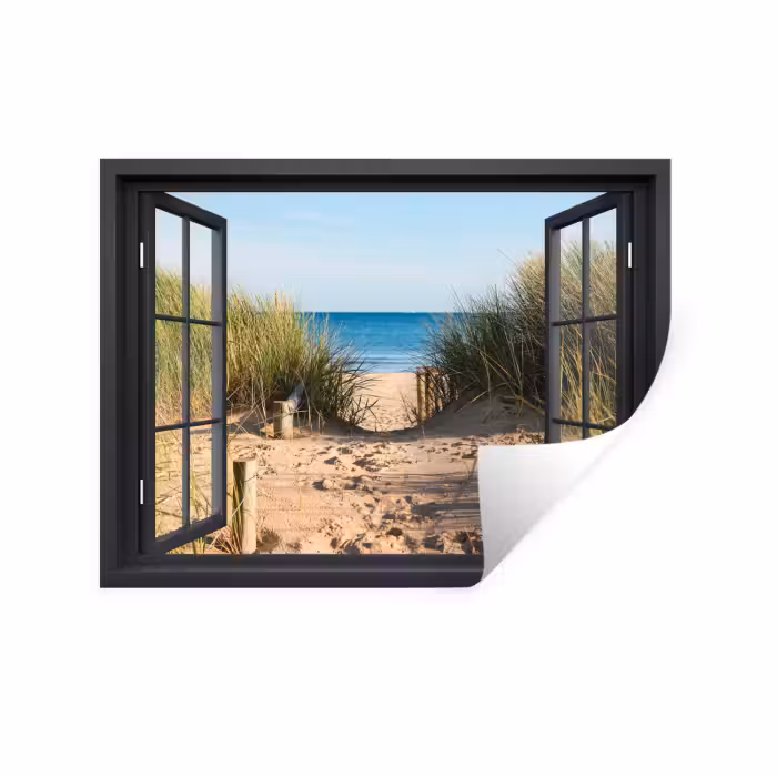 Muursticker - Doorkijk - Strand - Zee - Zand - Water - Helmgras - Duinen