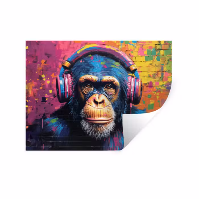 Muursticker - Graffiti - Chimpanzee - Street art - Koptelefoon - Aap