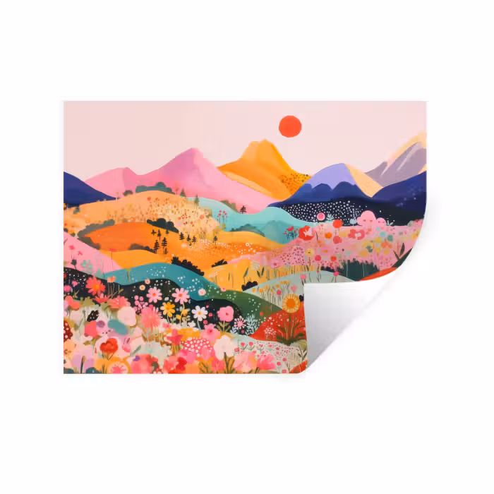 Muursticker - Kleurrijke bloemen - Bergen - Fantasielandschap