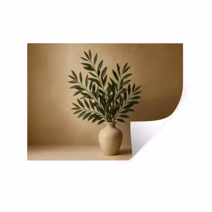 Muursticker - Vaas - Olijftakken - Bladeren - Beige