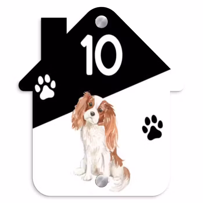 Naambordje voordeur - Huisjesvorm - Zwart wit - Huisdier - Cavalier King Charles Spaniël