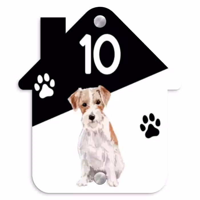 Naambordje voordeur - Huisjesvorm - Zwart wit - Huisdier - Jack Russel