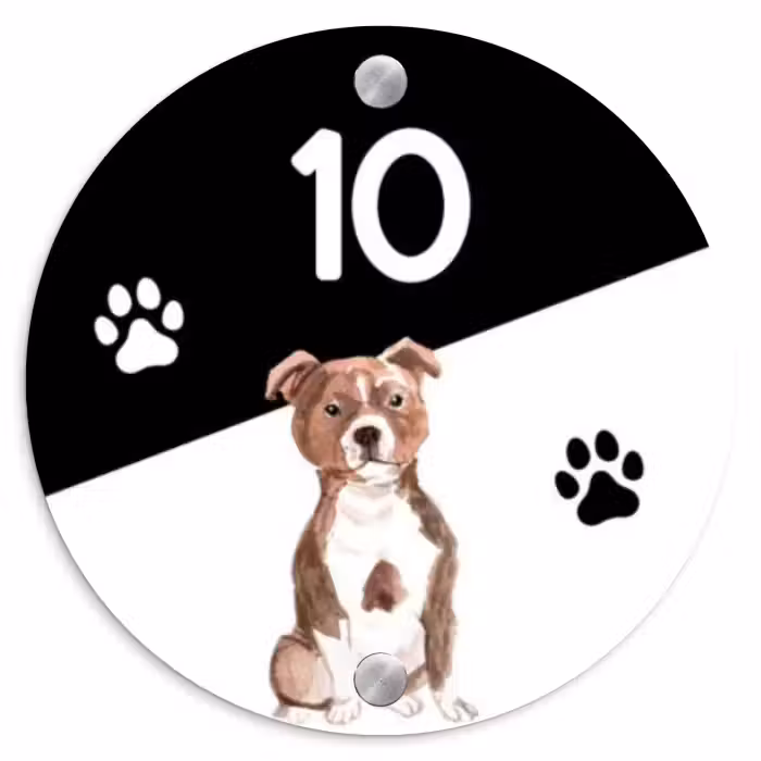 Naambordje voordeur - Rond - Zwart wit - Huisdier - Staffordshire bullterriër