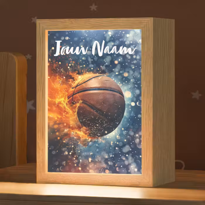 Nachtlampje met naam - Basketbal - Vuur - Sport - Blauw - Oranje