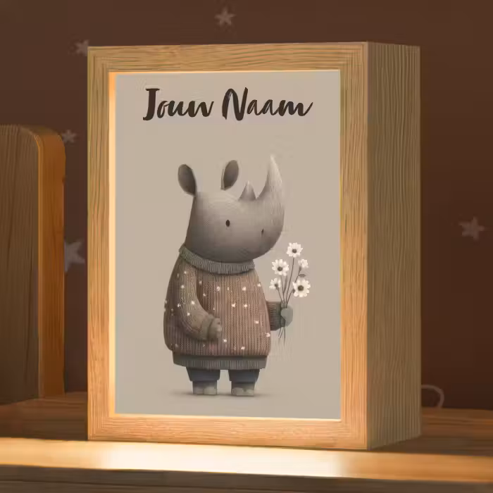 Nachtlampje met naam - Neushoorn - Witte bloemen - Lief