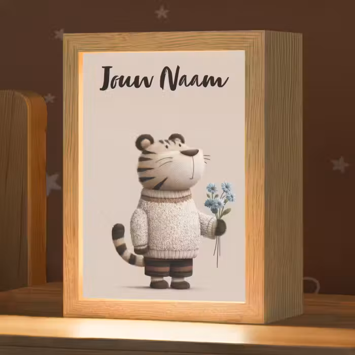 Nachtlampje met naam - Tijger - Blauwe bloemen - Rustig