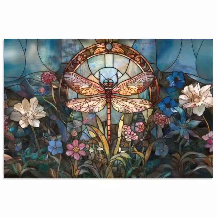 Poster - Libelle - Mozaïek - Bloemen - Kleurrijk