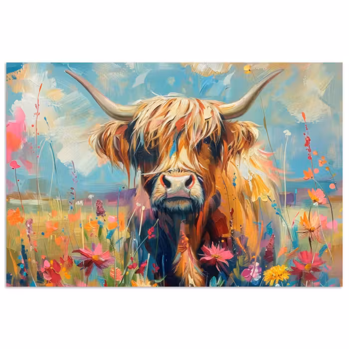 Poster - Schotse hooglander - Natuur - Kleurrijk - Bloemen