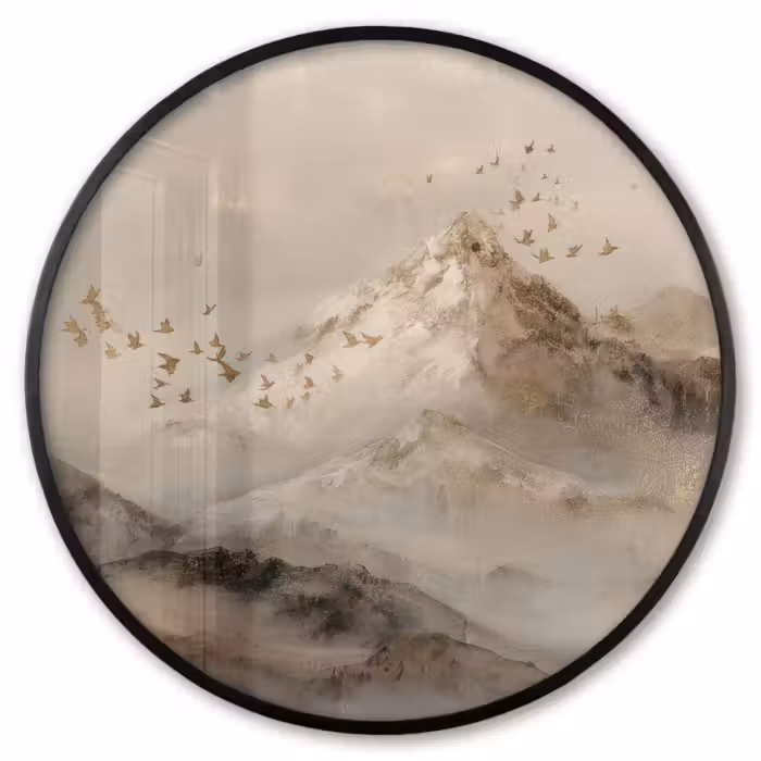 Ronde fotolijst - Berglandschap - Mist  - Penseelstreken