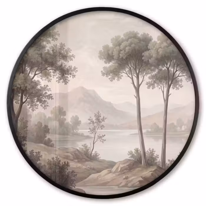 Ronde fotolijst - Bomen - Meer - Bergen - Illustratie