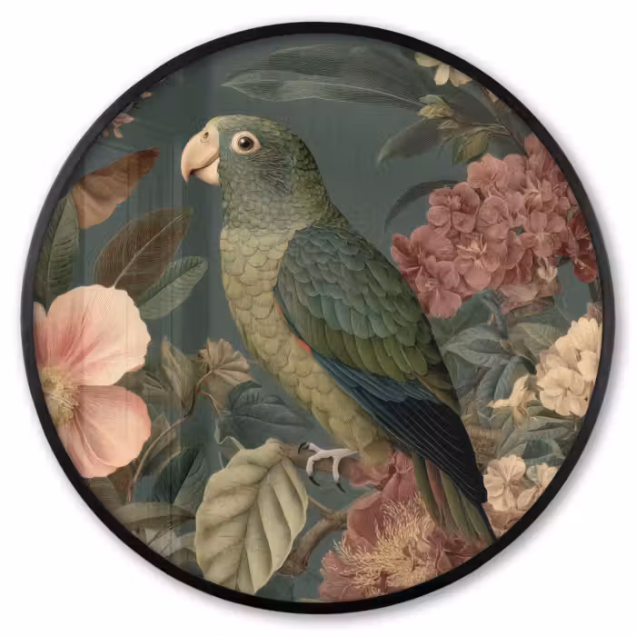 Ronde fotolijst - Groene papegaai - Kleurrijke bloemen - Donkere achtergrond