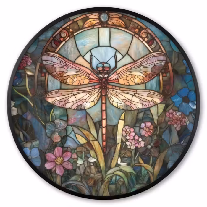 Ronde fotolijst - Libelle - Mozaïek - Bloemen - Kleurrijk