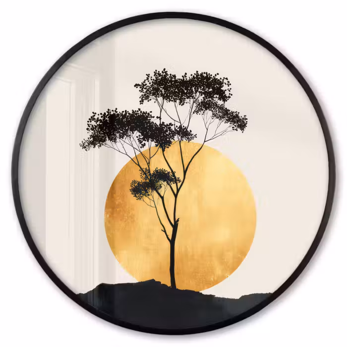 Ronde fotolijst - Zwarte boom - Gouden cirkel - Heuvel