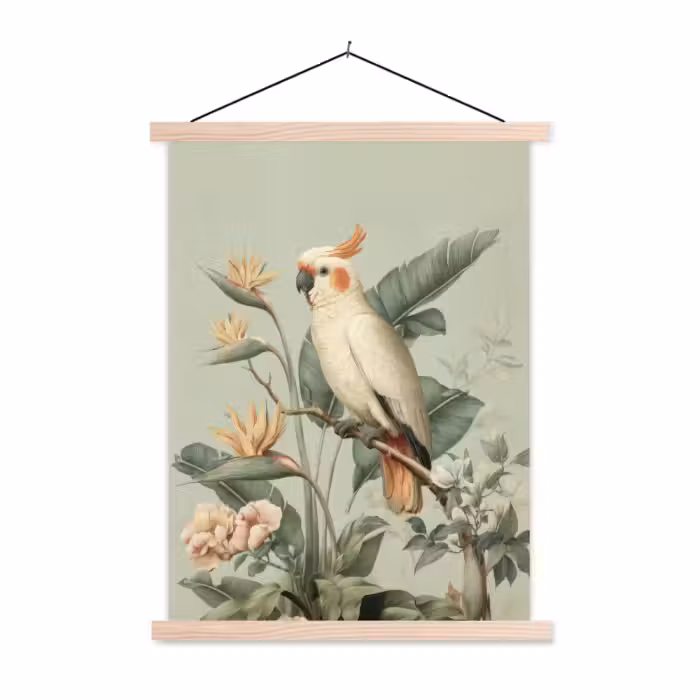 Schoolplaat - Gele kuifkaketoe - paradijsvogelbloemen - Groen