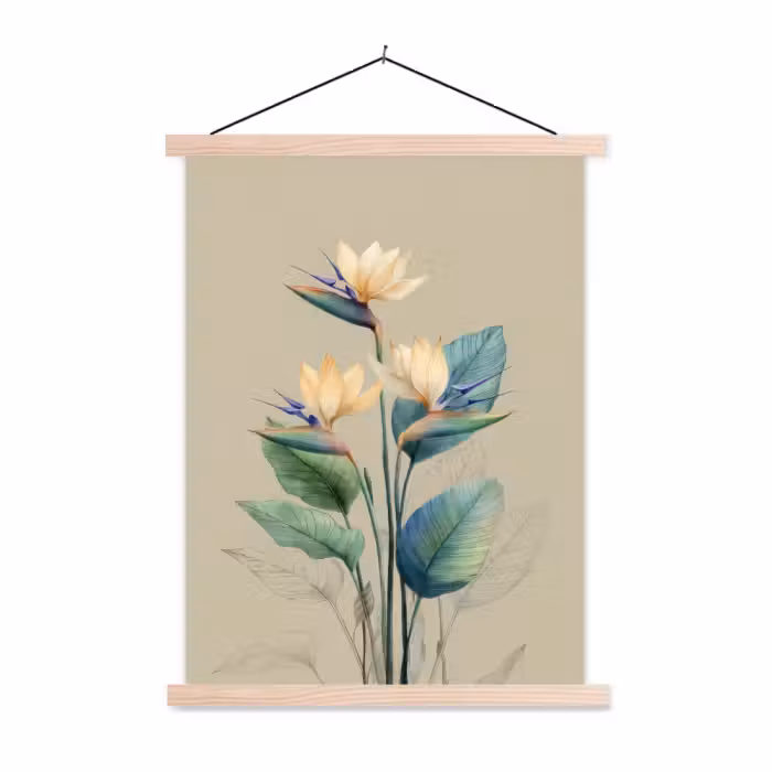 Schoolplaat - Paradijsvogelbloemen - Blauwgroene bladeren - Beige