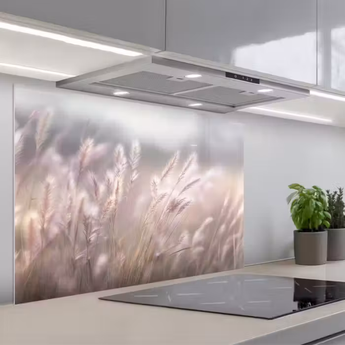 Spatscherm keuken - Graspluimen - Wind - Beige - Mistig