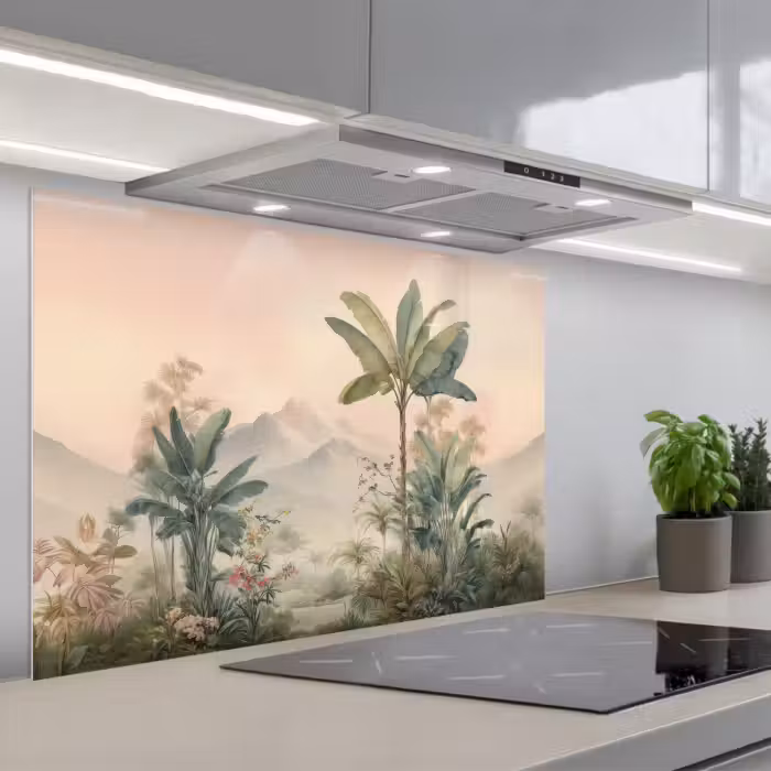 Spatscherm keuken - Tropisch landschap - palmbomen - Bloemen - Roze lucht