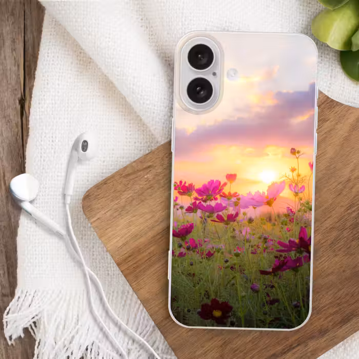 Telefoonhoesje - Bloemen - Roze - Zonsondergang - Natuur - Weide - Horizon
