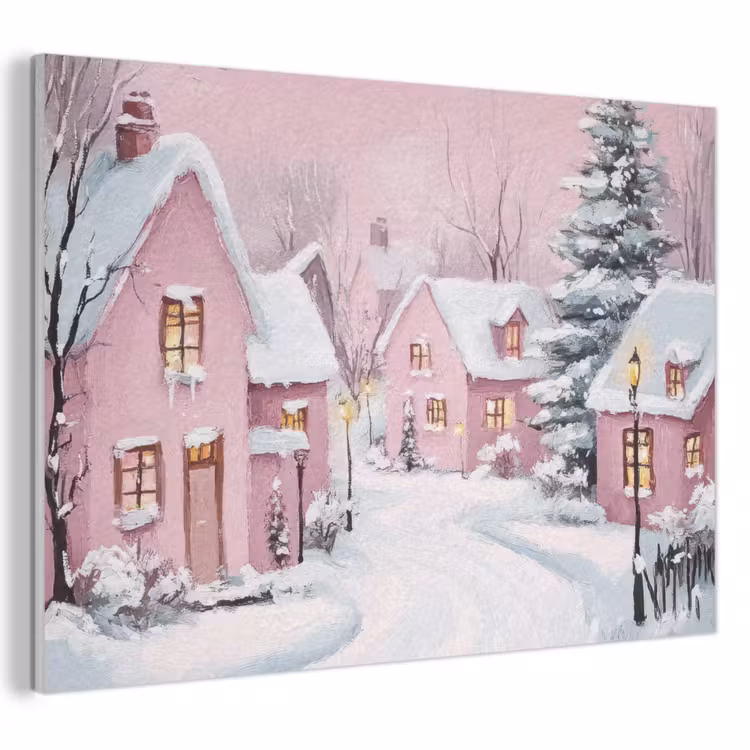 Akoestisch schilderij - Kerstdorp - Roze - Winter - Sneeuw - Huizen — 1