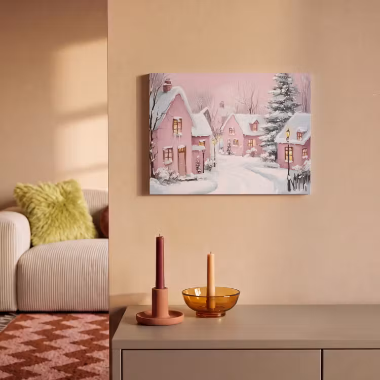 Akoestisch schilderij - Kerstdorp - Roze - Winter - Sneeuw - Huizen — 2