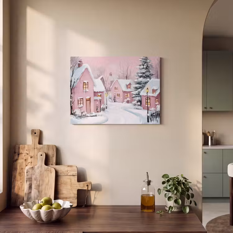 Akoestisch schilderij - Kerstdorp - Roze - Winter - Sneeuw - Huizen — 3