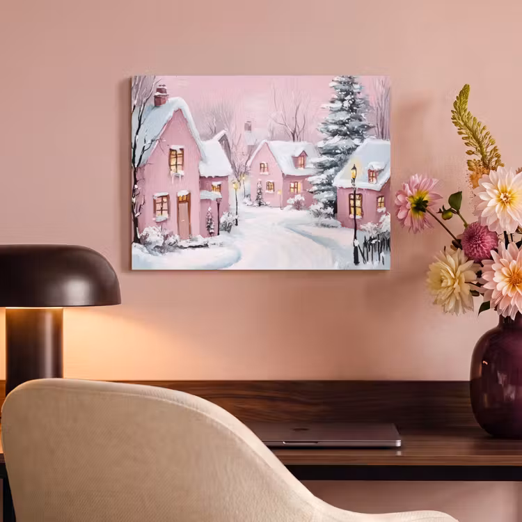 Akoestisch schilderij - Kerstdorp - Roze - Winter - Sneeuw - Huizen — 4