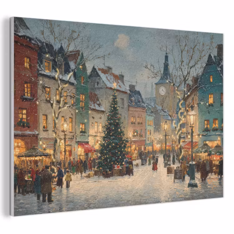 Akoestisch schilderij - Kerstsfeer - Stadsplein - Kleurrijk — 1