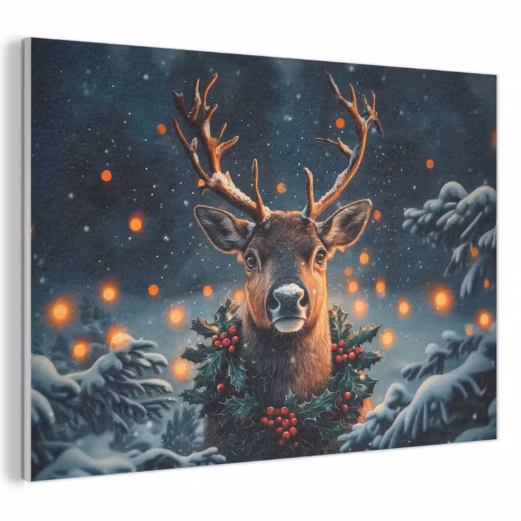 Akoestisch schilderij - Hert - Kerst - Winter - Sneeuw - Kerstkrans — 1