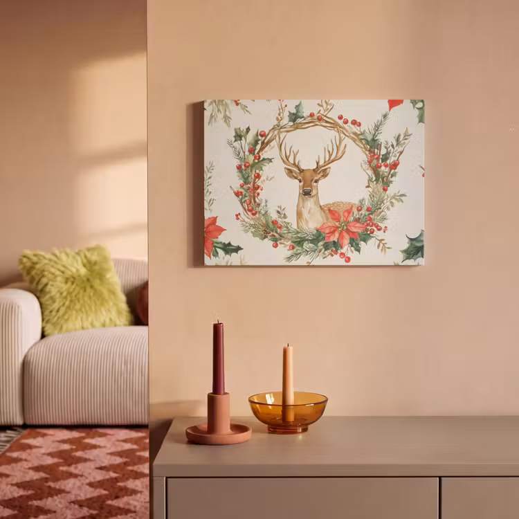 Akoestisch schilderij - Kerstkrans - Hert - Hulst - Rood — 2