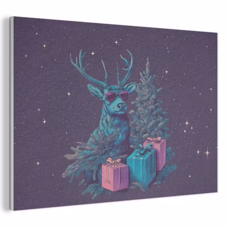 Akoestisch schilderij - Rendier - Zonnebril - Neon - Kerstboom — 1