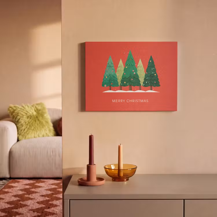 Akoestisch schilderij - Minimalistisch - Kerstbomen - Rood - Sneeuw — 2