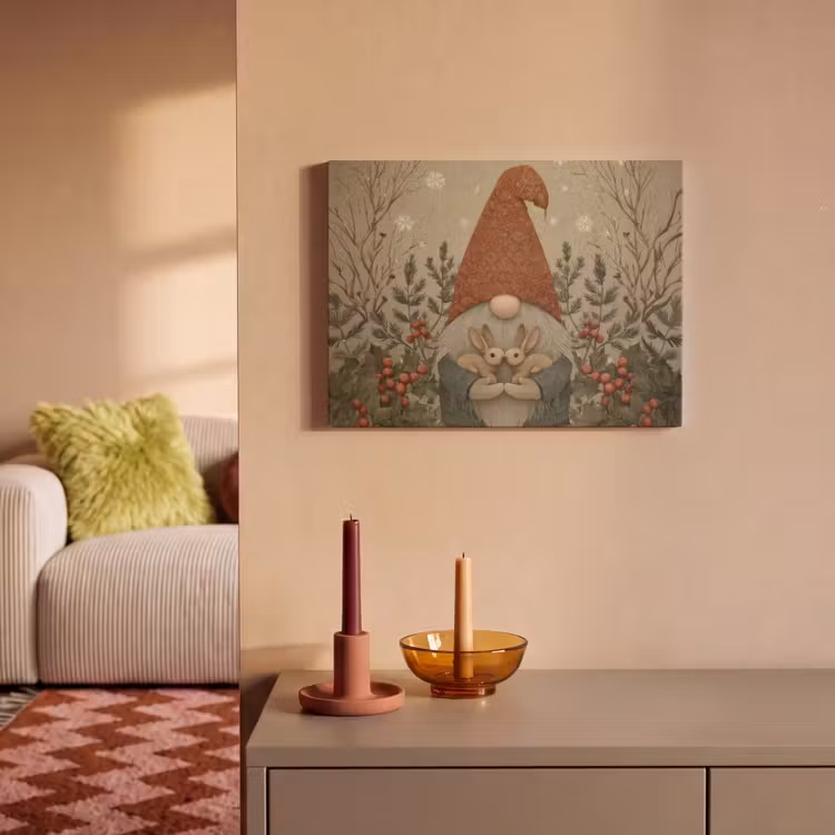 Akoestisch schilderij - Kerstgnome - Konijntjes - Kleurrijk — 2