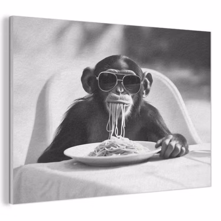 Akoestisch schilderij - Aap - Spaghetti - Zonnebril - Zwart wit - Cool - Dier — 1