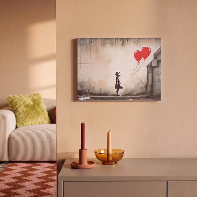 Akoestisch schilderij - Kunst - Meisje - Ballonnen - Hart - Grijs — 2