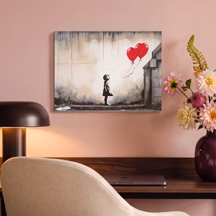 Akoestisch schilderij - Kunst - Meisje - Ballonnen - Hart - Grijs — 4