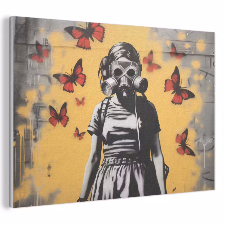 Akoestisch schilderij - Meisje - Gasmasker - Vlinders - Graffiti — 1