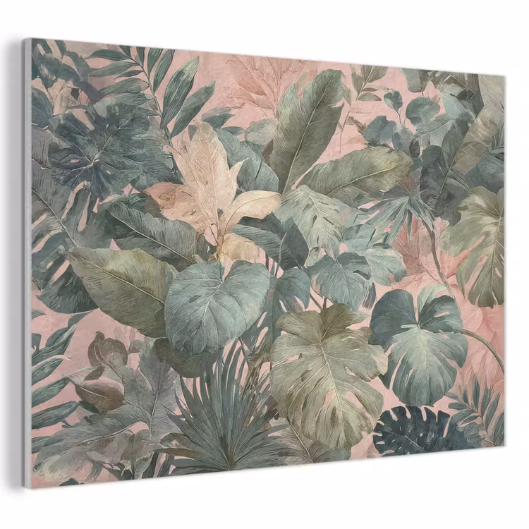 Akoestisch schilderij - Compositie van bladeren - Groen - Roze — 1
