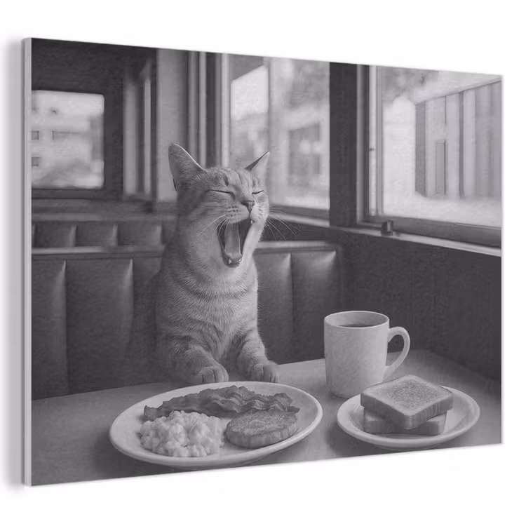 Akoestisch schilderij - Kat - Koffie - Brood - Zwart — 1